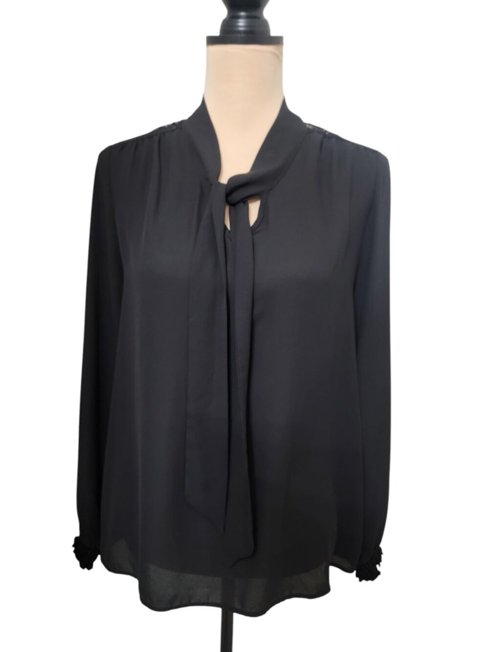 Dunnes Size 10 Black Pussybow Georgette Blouse, Long Sleeve